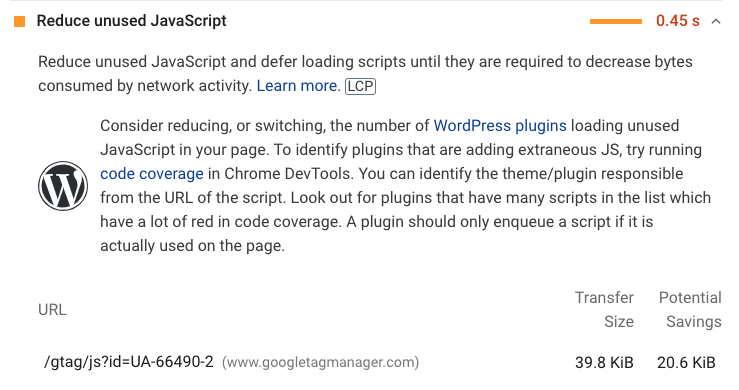 screen shot of Google Page Speed Insights Reduce unused JavaScript alert.
